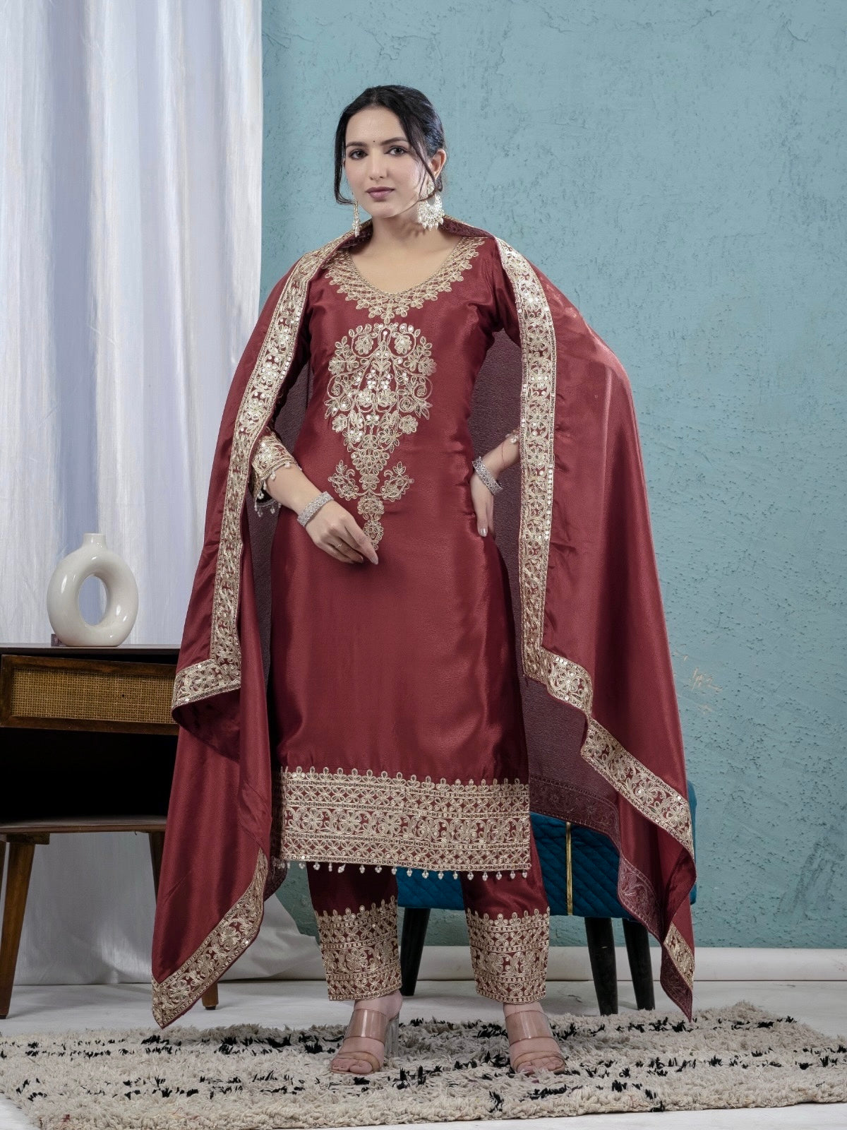 Yash Enterprise Maroon Chinon Silk Party Wear Embroidery Suit Set