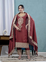 Thumbnail for Yash Enterprise Maroon Chinon Silk Party Wear Embroidery Suit Set