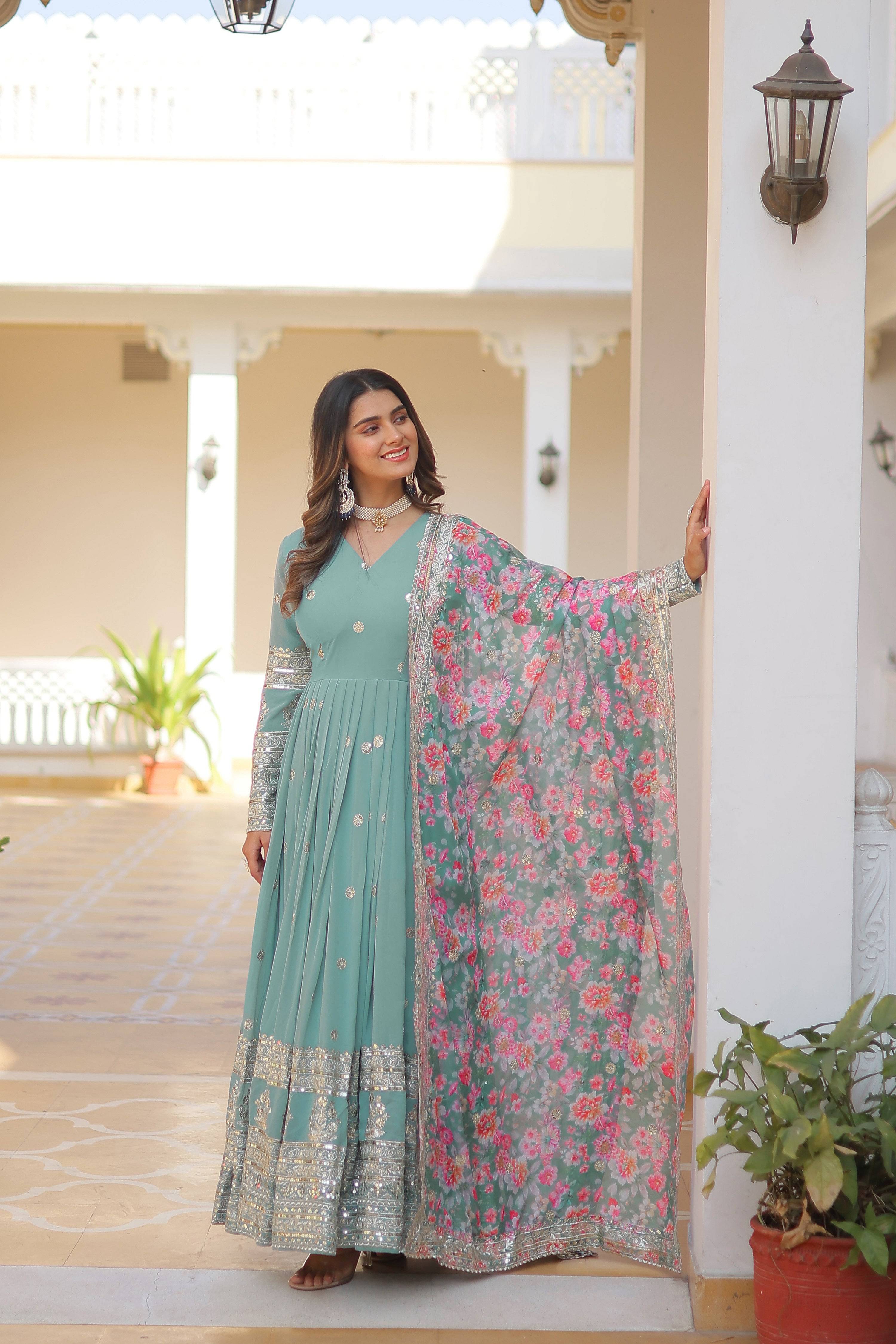 Yash Enterprise Sea Green Georgette Embroidered Long Kurti SetWith Multicolour Dupatta