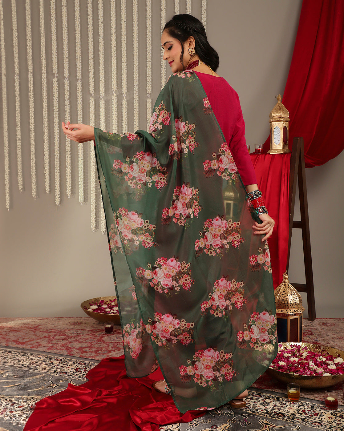 Varanga Magenta Embroidered Kurta Paired With Straight Trouser And Digital Floral Printed Dupatta - Distacart