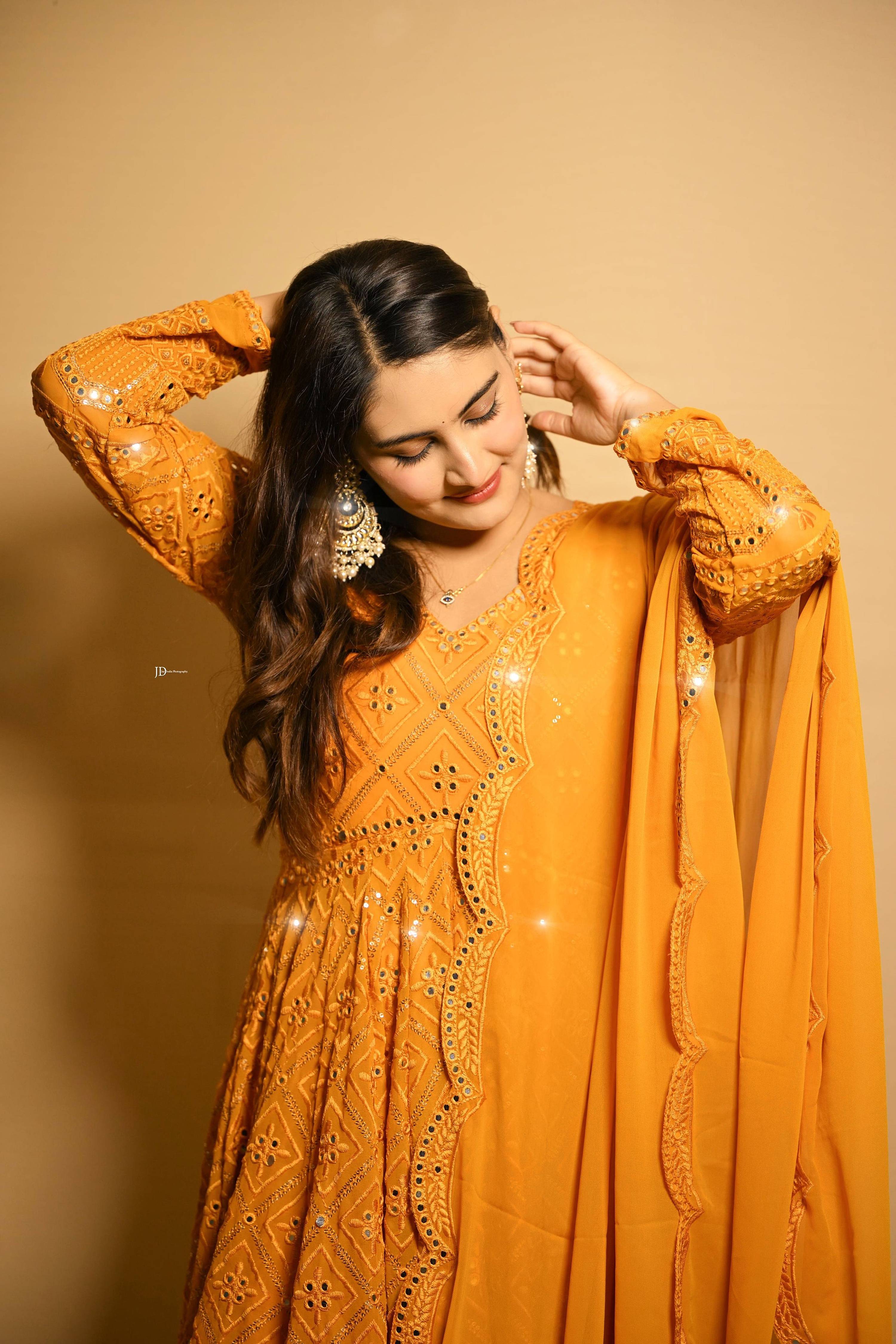 Yash Enterprise Beautiful Yellow Faux Embroidered Wedding Wear Gown With Dupatta