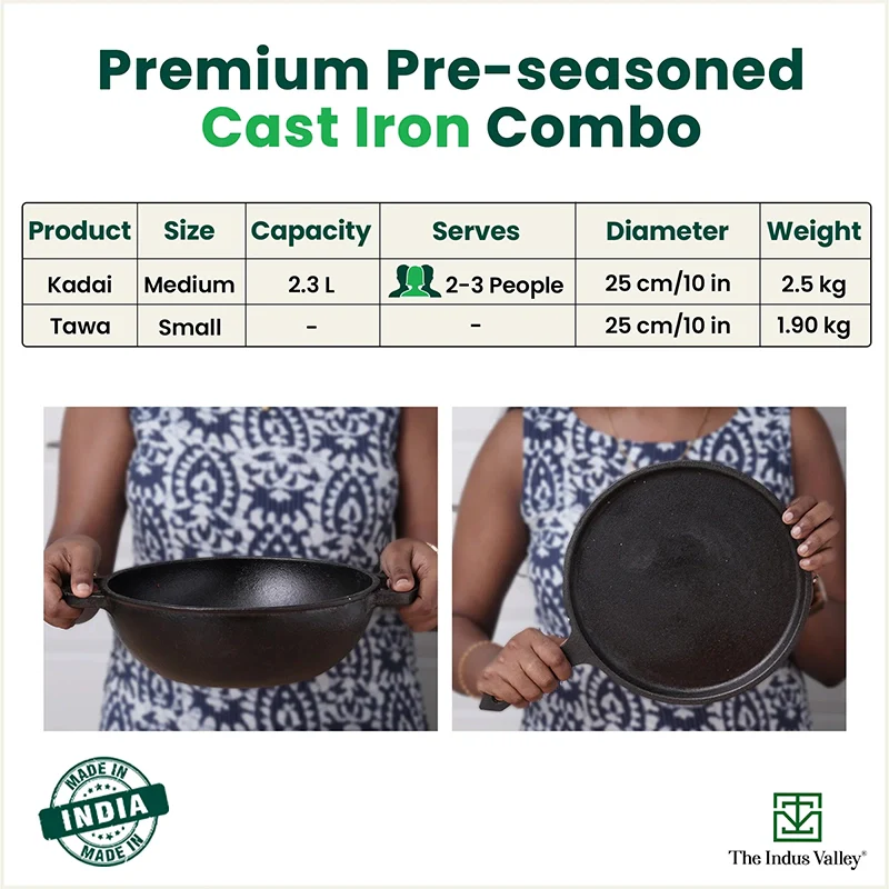 The Indus Valley CASTrong Cast Iron Cookware Set: Tawa + Kadai, Kitchen Set for Home, Pre-seasoned, 100% Pure, Toxin-free, Induction