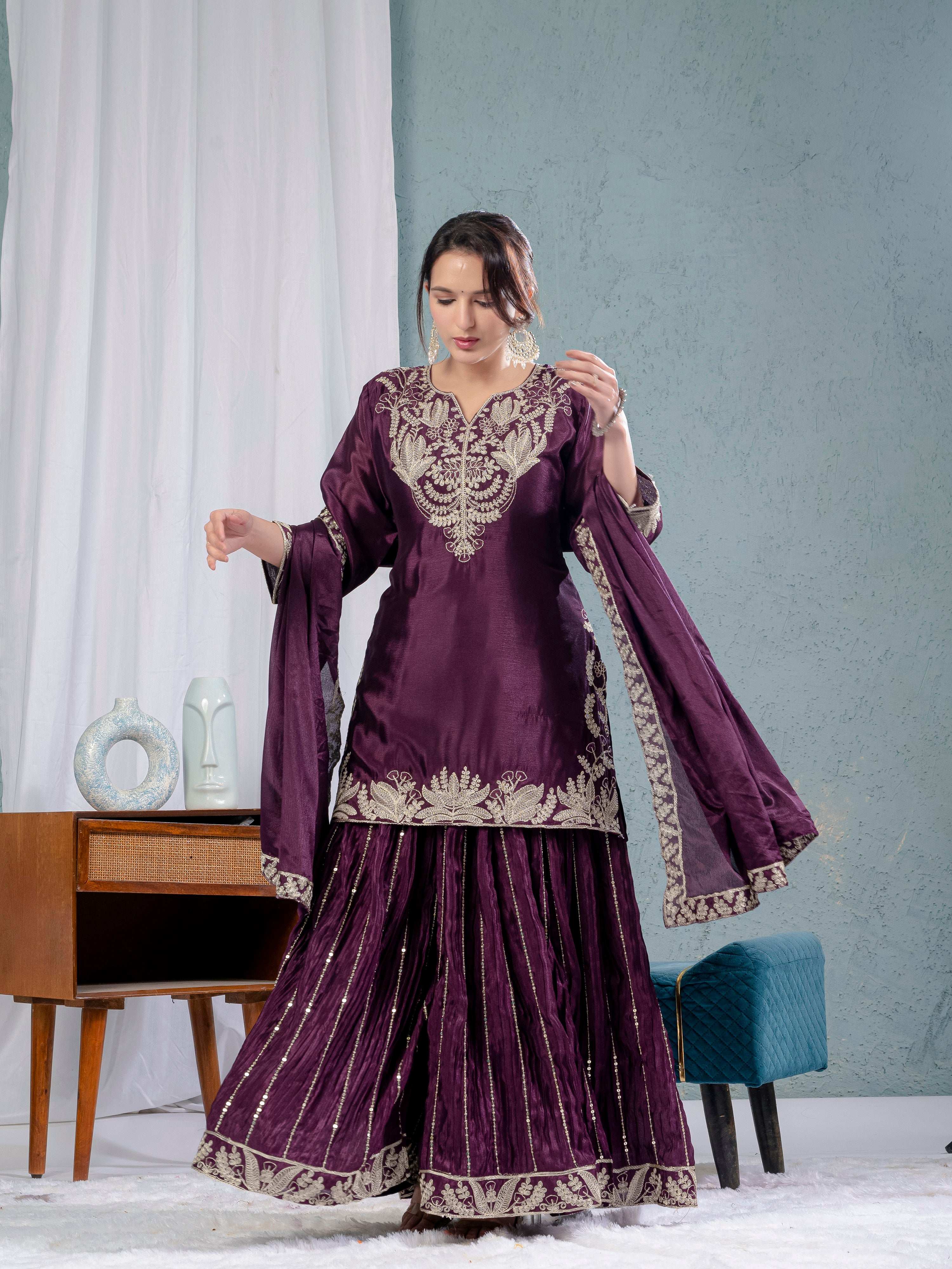 Yash Enterprise Wine Chinon Silk Embroidery Party Wear Suit Set