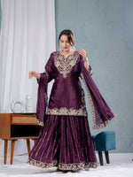 Thumbnail for Yash Enterprise Wine Chinon Silk Embroidery Party Wear Suit Set