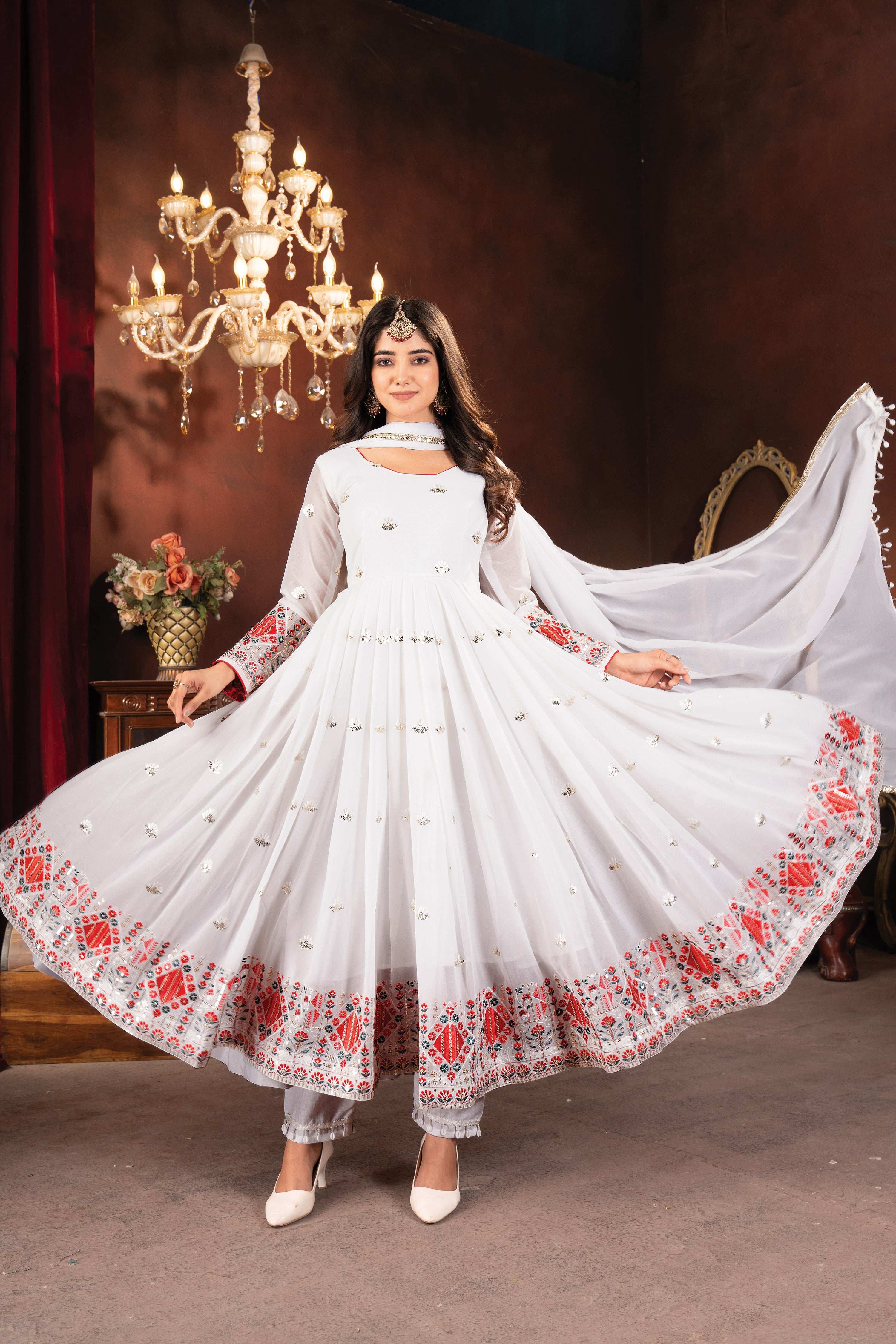 Yash Enterprise White Faux Blooming Embroidery Party Wear Suit Set