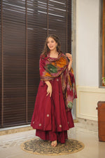 Thumbnail for Yash Enterprise Maroon Maslin Cotton Anarkali Suit Set