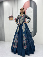 Thumbnail for Yash Enterprise Rama Green Vichitra Silk Party Wear Embroidery Crop Top With Blouse Lehenga Choli - Distacart