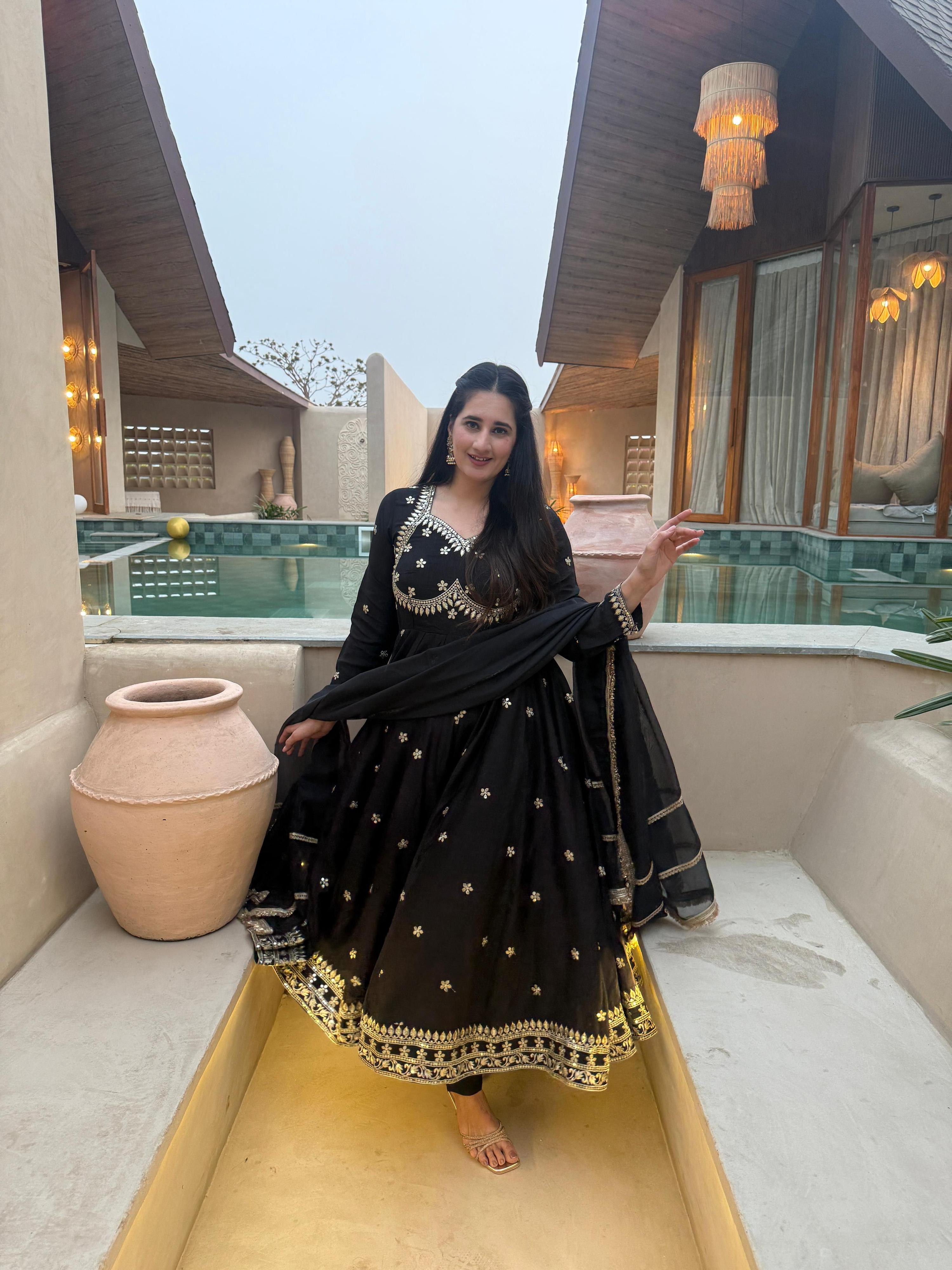 Yash Enterprise Black Vichitra Silk Party Wear Embroidery Suit Set - Distacart