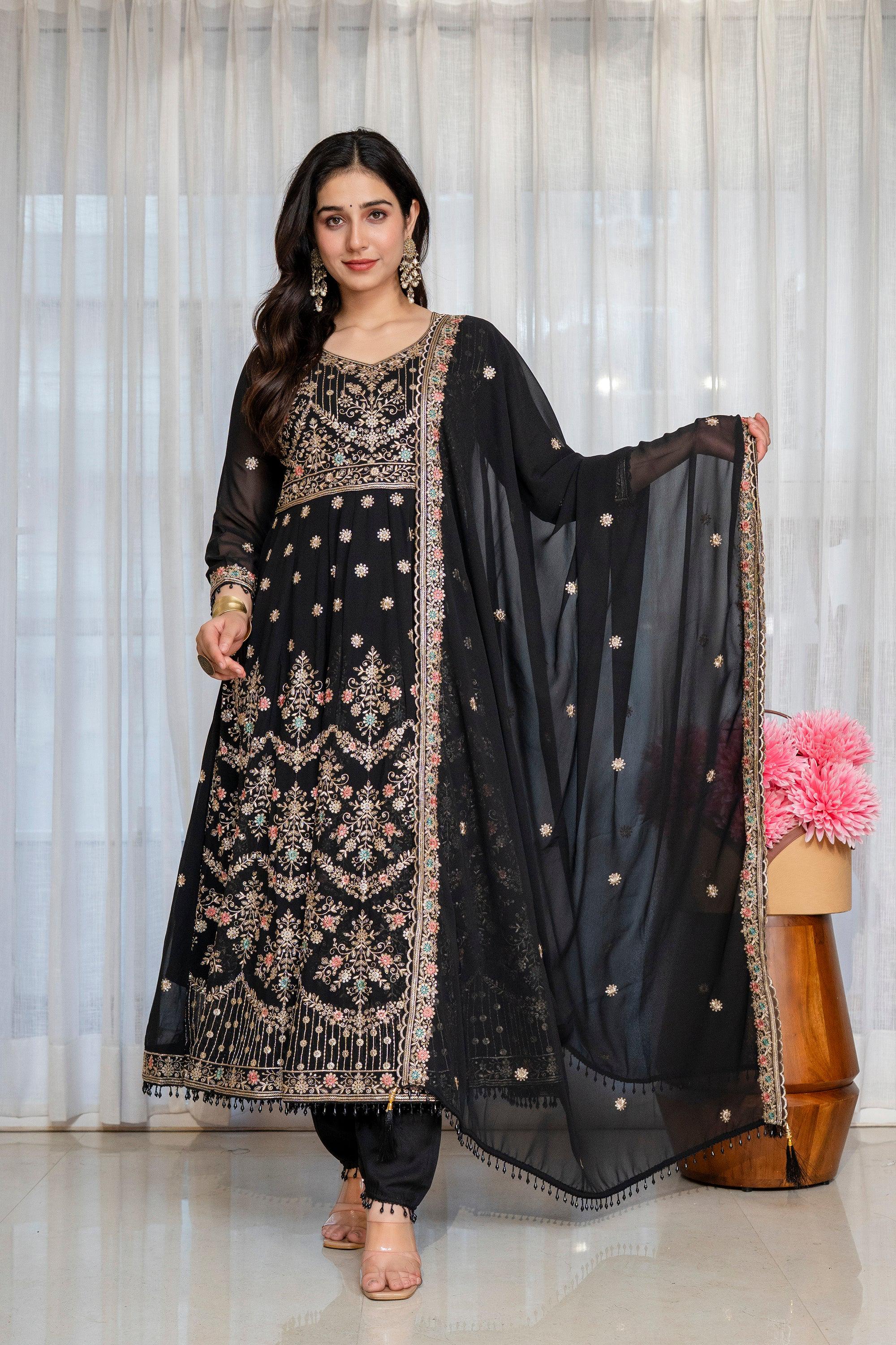 Yash Enterprise Black Georgette Party Wear Anarkali Suit Set - Dista