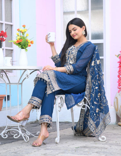 Yash Enterprise Alluring Fox Georgette Blue Embroidery Work Readymade Salwar Suit - Distacart