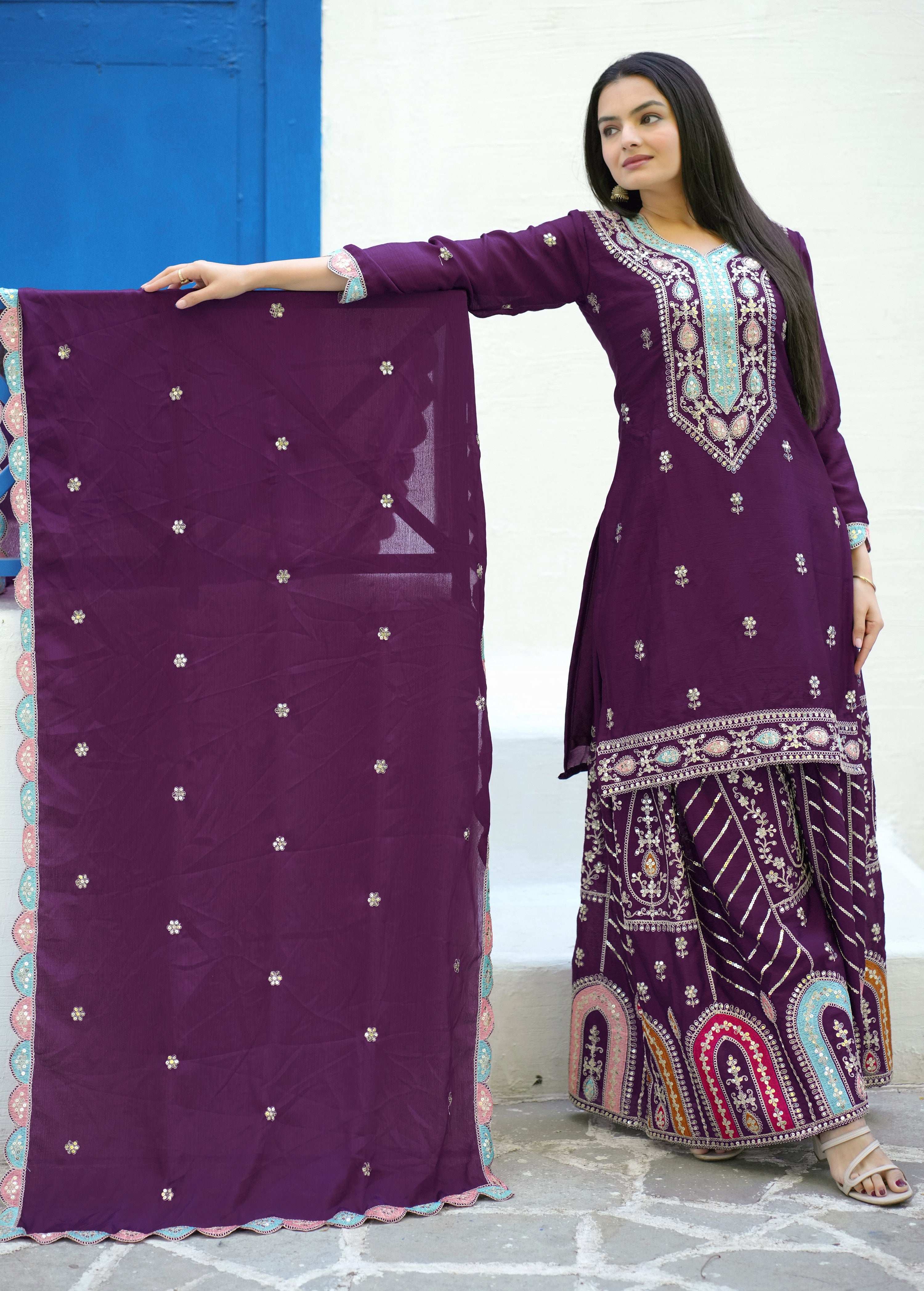 Yash Enterprise New Designer Embroidered Chinon With Sequence Maroon Readymade Salwar Suit