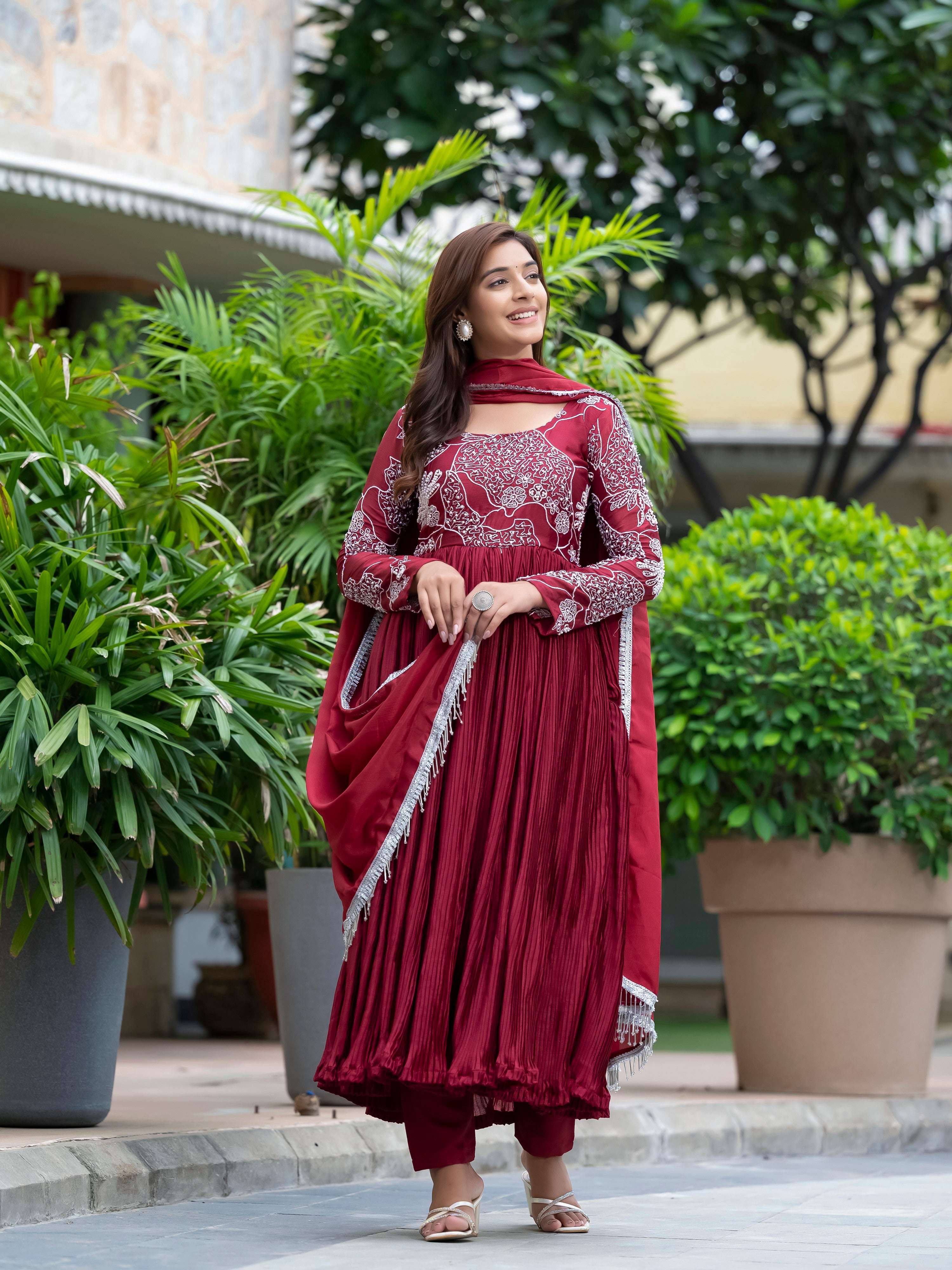 Yash Enterprise Maroon Chinon Silk Party Wear Embroidery Suit Set