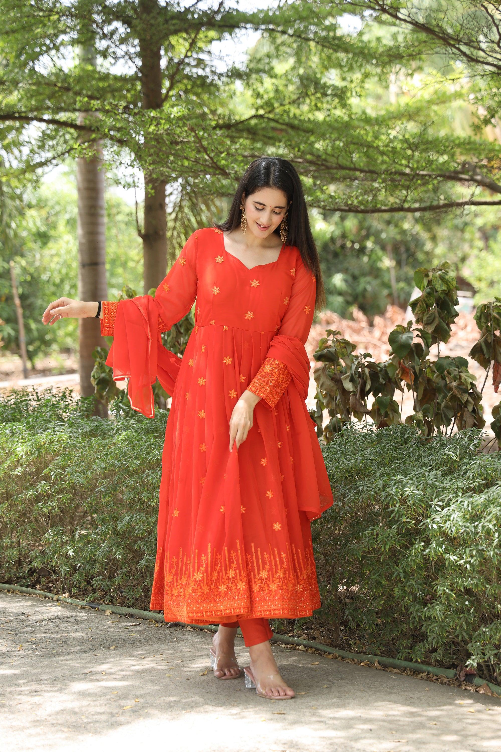 Yash Enterprise Orange Georgette Embroidery Party Wear Suit Set