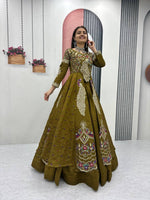 Thumbnail for Yash Enterprise Mahendi Green Vichitra Silk Party Wear Embroidery Crop Top With Blouse Lehenga Choli - Distacart
