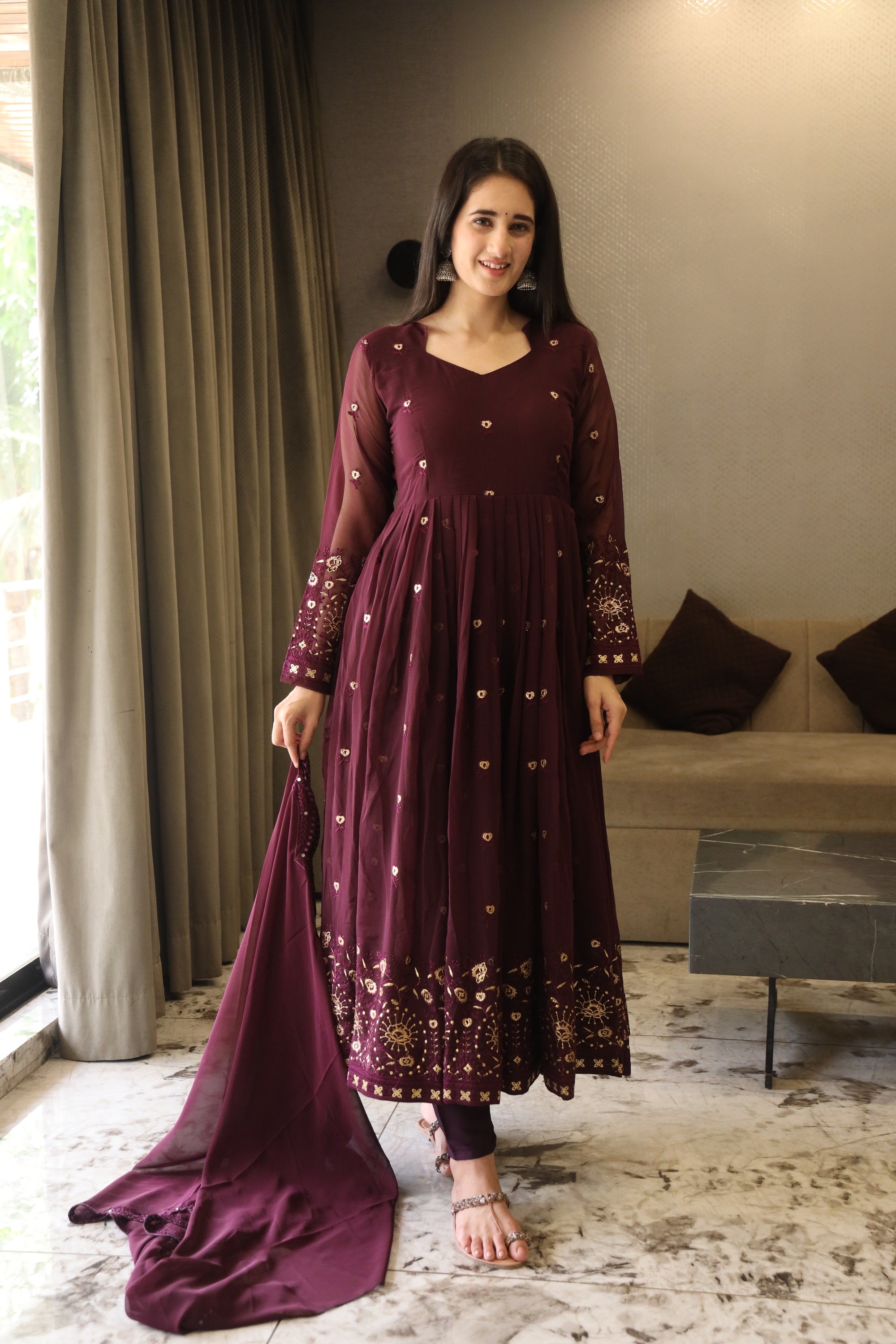 Yash Enterprise Wine Coloured Anarkali Embroidery Suit Set Stitched