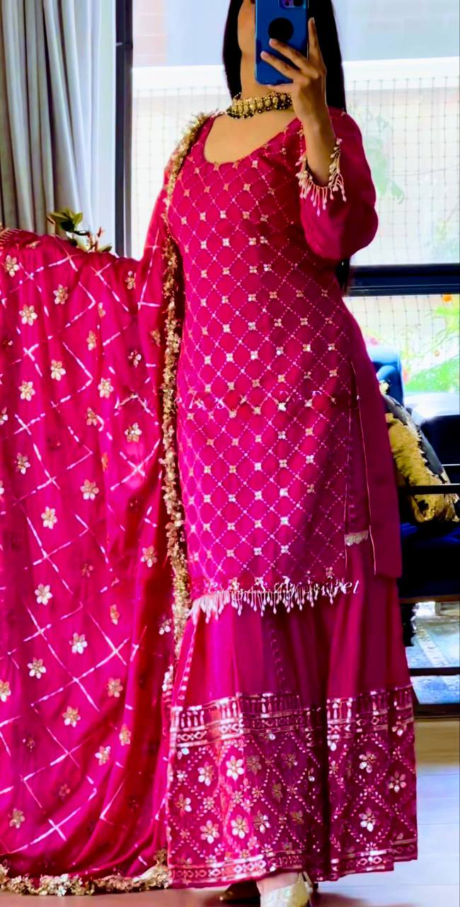 Yash Enterprise Pink Chinnon Silk Embroidery Party Wear Suit Set