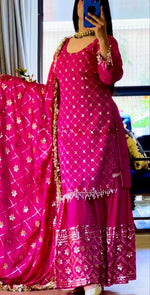 Thumbnail for Yash Enterprise Pink Chinnon Silk Embroidery Party Wear Suit Set