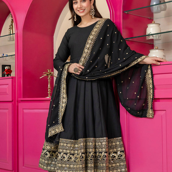 Yash Enterprise Black Rayon Party Wear Embroidery Suit Set - Dista