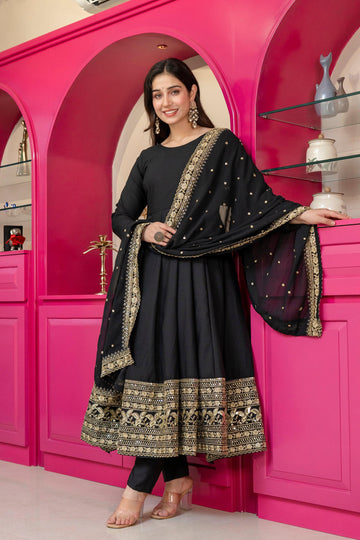 Yash Enterprise Black Rayon Party Wear Embroidery Suit Set - Dista