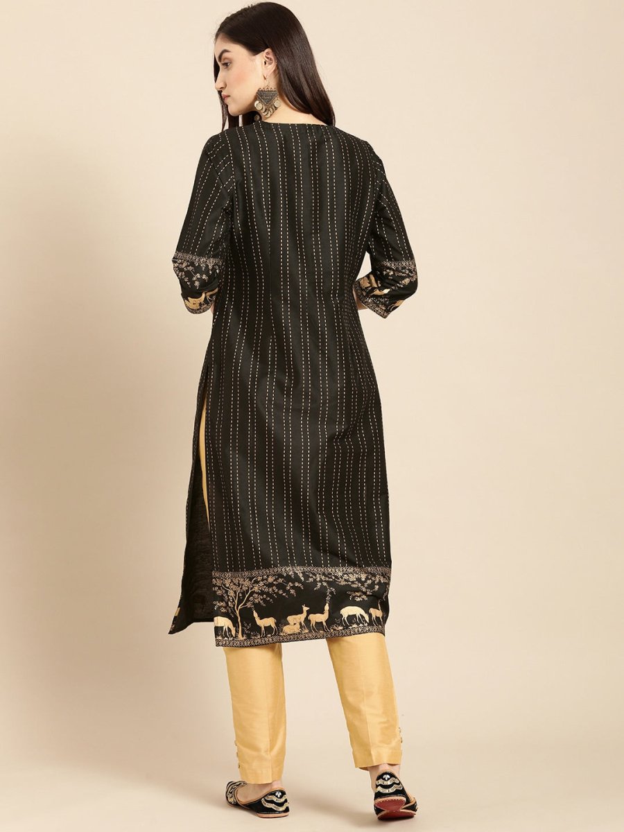 All About You Women Black & Gold Striped Regular Kurta with Trousers - Distacart