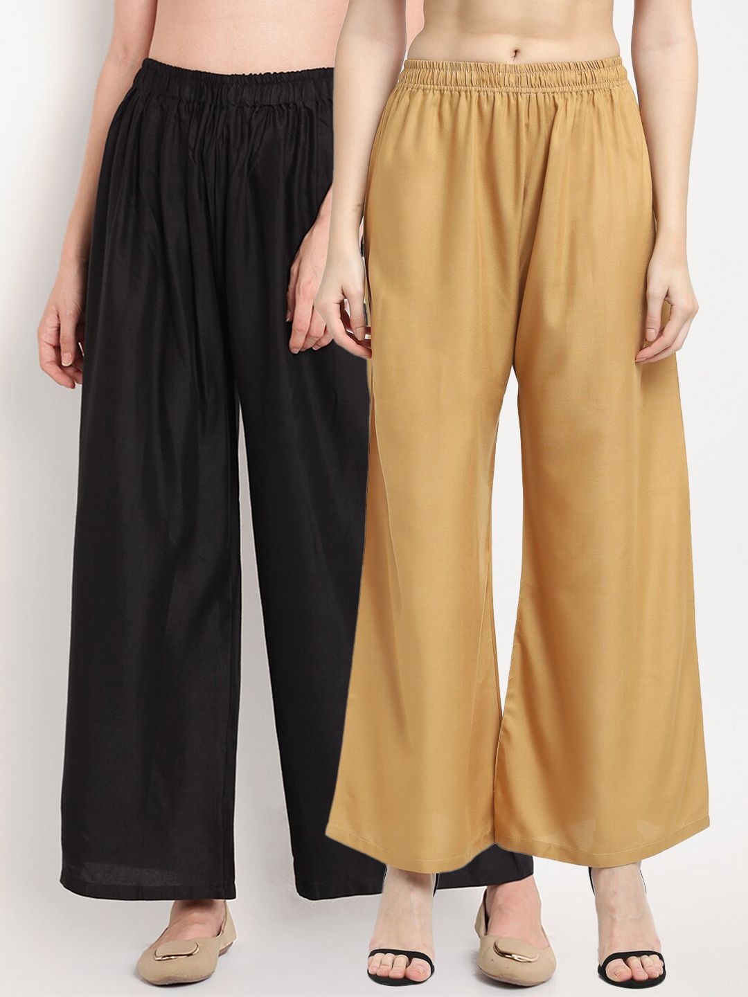 TAG 7 Women Pack of 2 Black & Beige Solid Wide-Leg Palazzos - Distacart