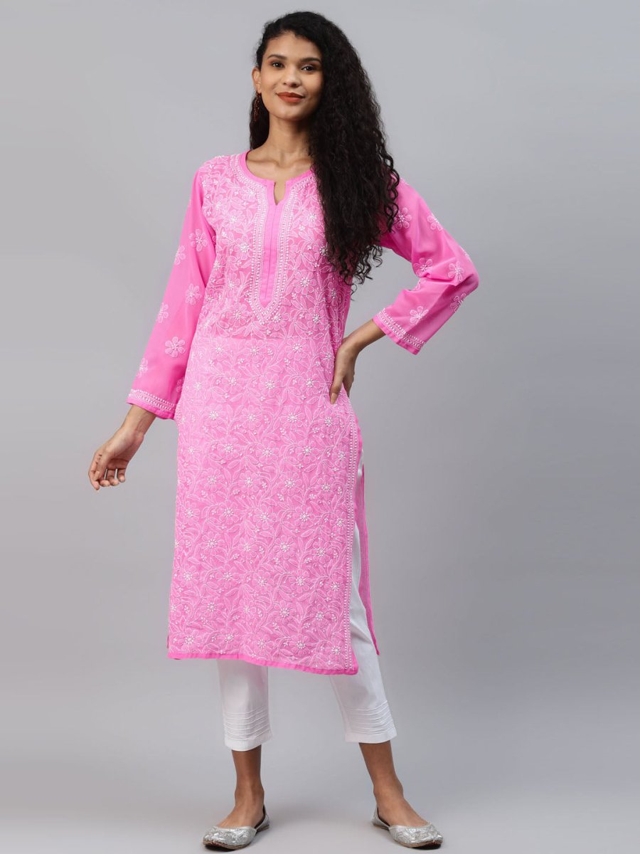 ADA Women Pink & White Ethnic Motifs Embroidered Chikankari Handloom Kurta with Trousers - Distacart