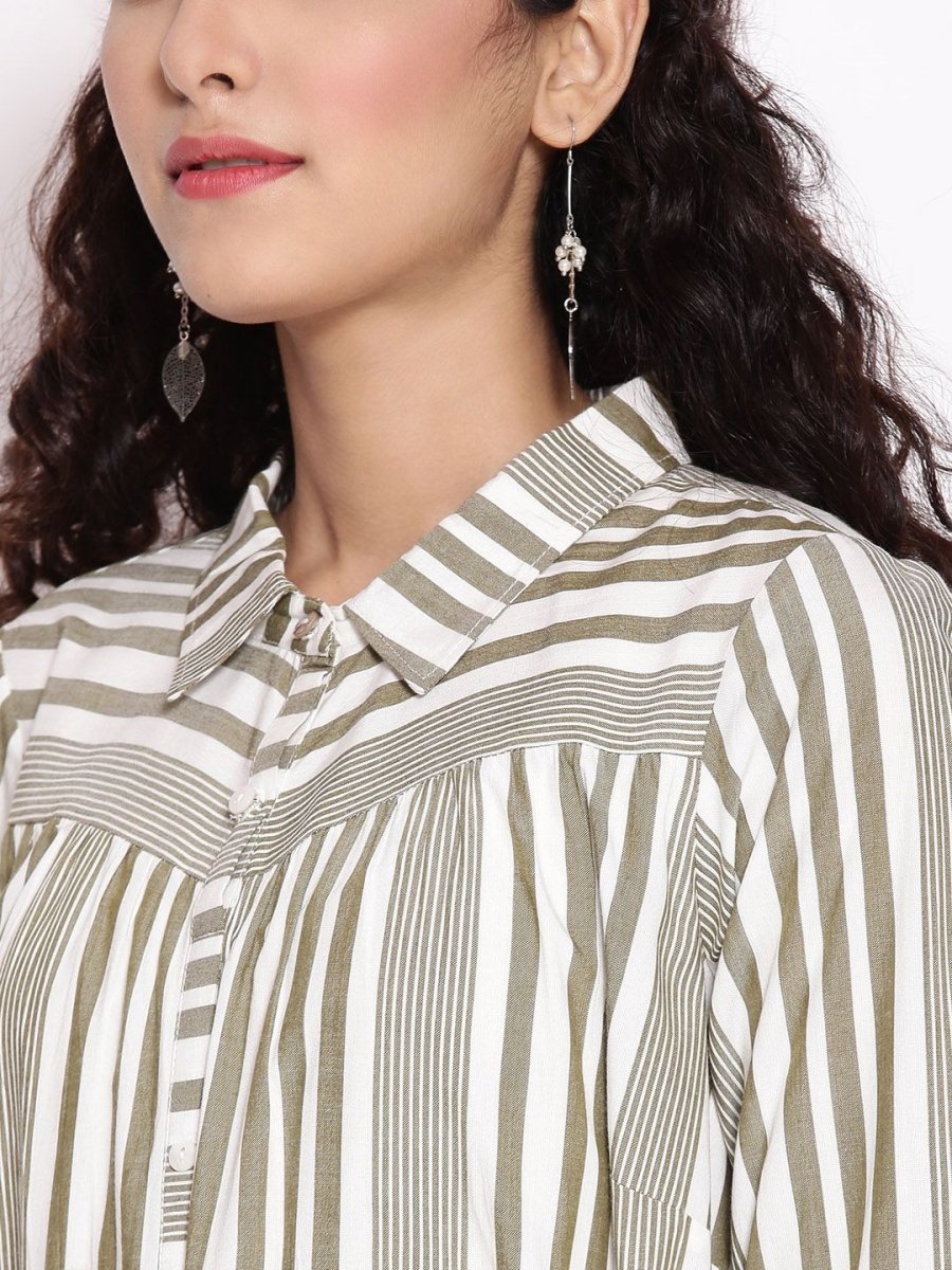 AURELIA Olive Green & White Striped Shirt Midi Dress With Waist Tie Up - Distacart