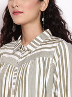 Thumbnail for AURELIA Olive Green & White Striped Shirt Midi Dress With Waist Tie Up