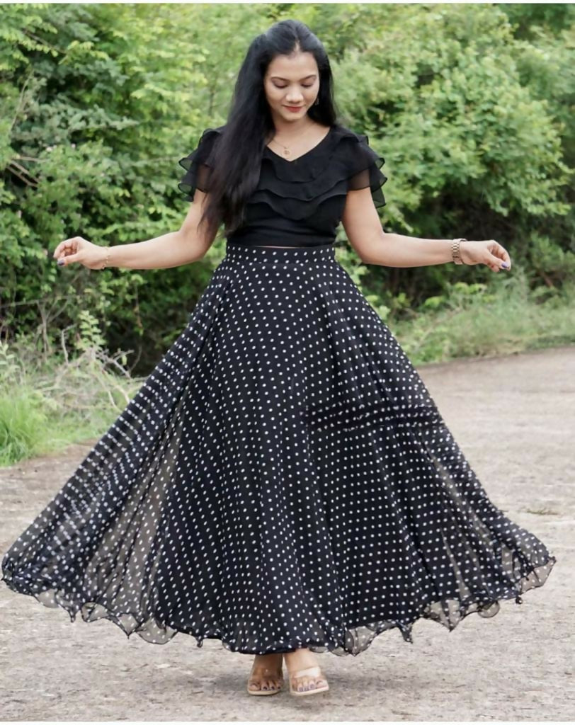 Dishitha Creation Printed Stitched Lehenga & Crop Top - Black & Black - Distacart