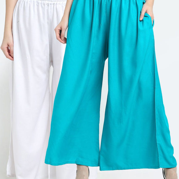TAG 7 Women Set Of 2 White & Blue Flared Ethnic Palazzos - Distacart
