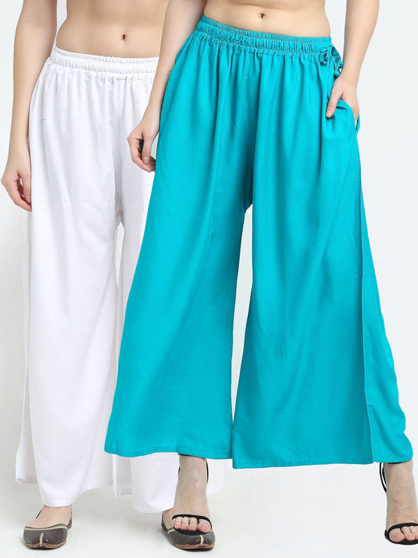 TAG 7 Women Set Of 2 White & Blue Flared Ethnic Palazzos