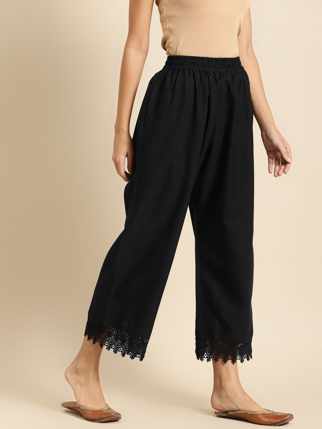 TAG 7 Women Black Solid Hem Design Straight Palazzos - Distacart