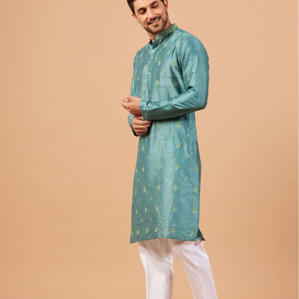 Greafy Two Motif Embroidered Green Kurta by Hilo Design - Distacart