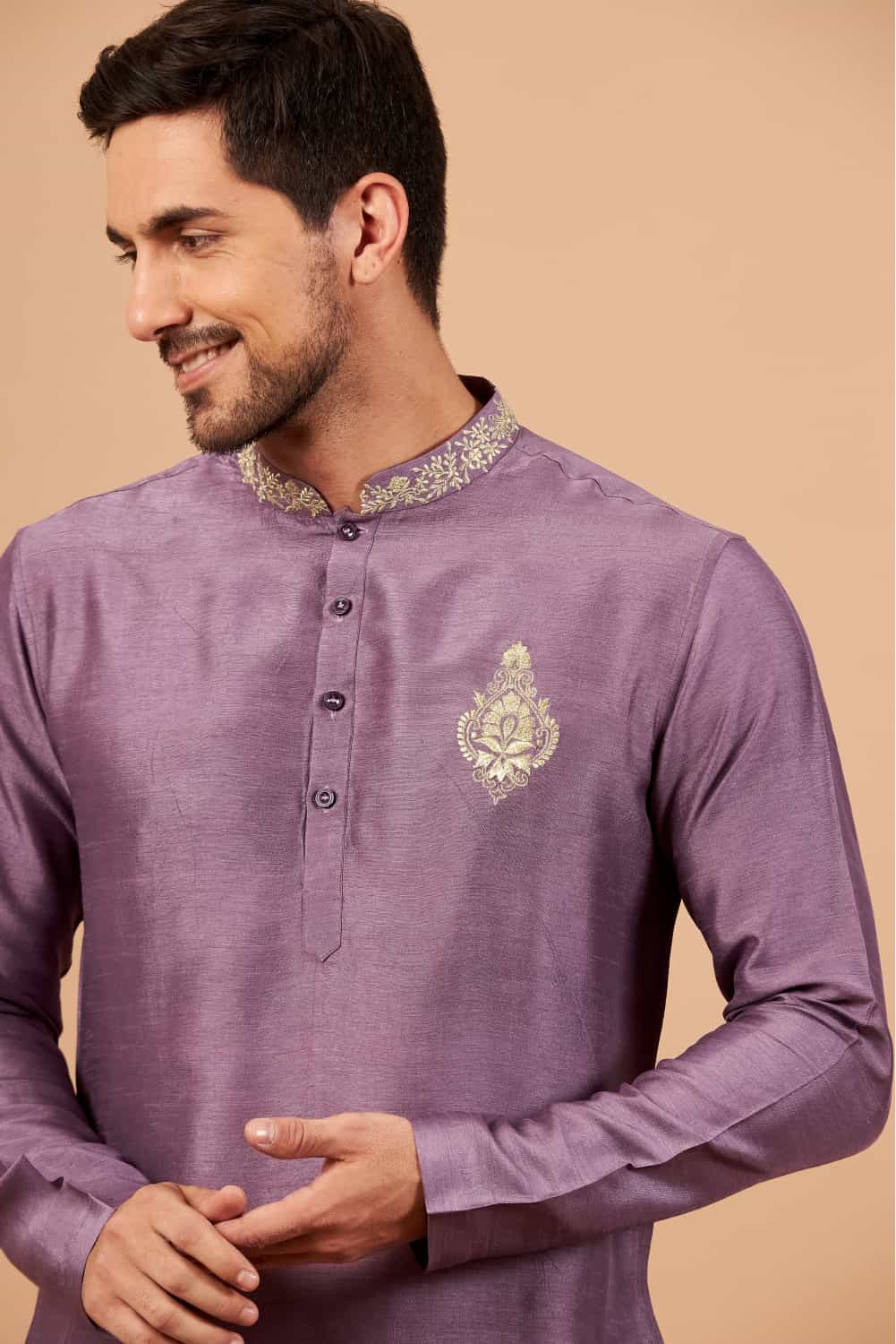 Inara Gold Embroidered Violet Kurta by Hilo Design - Distacart