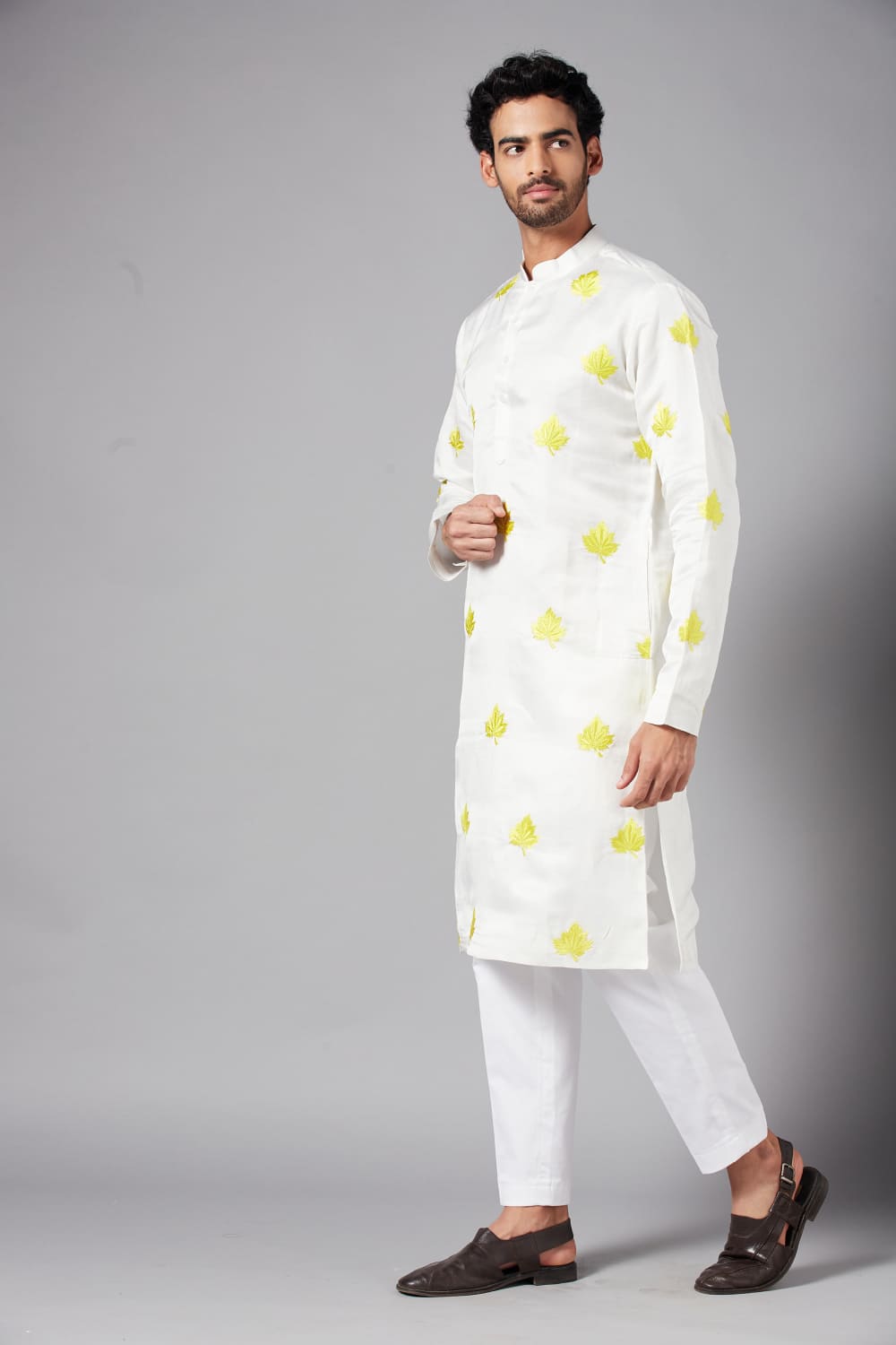 Mogra Yellow Leaf Embroidered Kurta by Hilo Design - Distacart