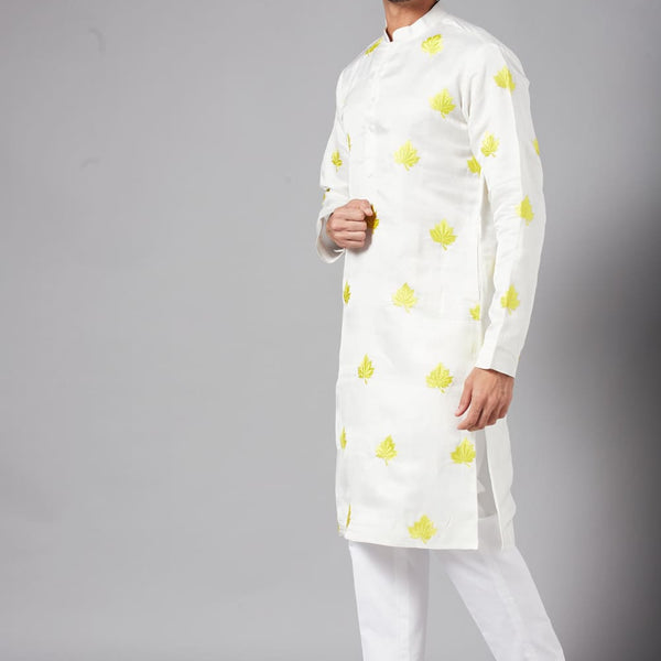 Mogra Yellow Leaf Embroidered Kurta by Hilo Design - Distacart