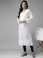 Thumbnail for ADA Women White & Black Chikankari Embroidered Handloom Kurta with Cotton Churidar - Distacart