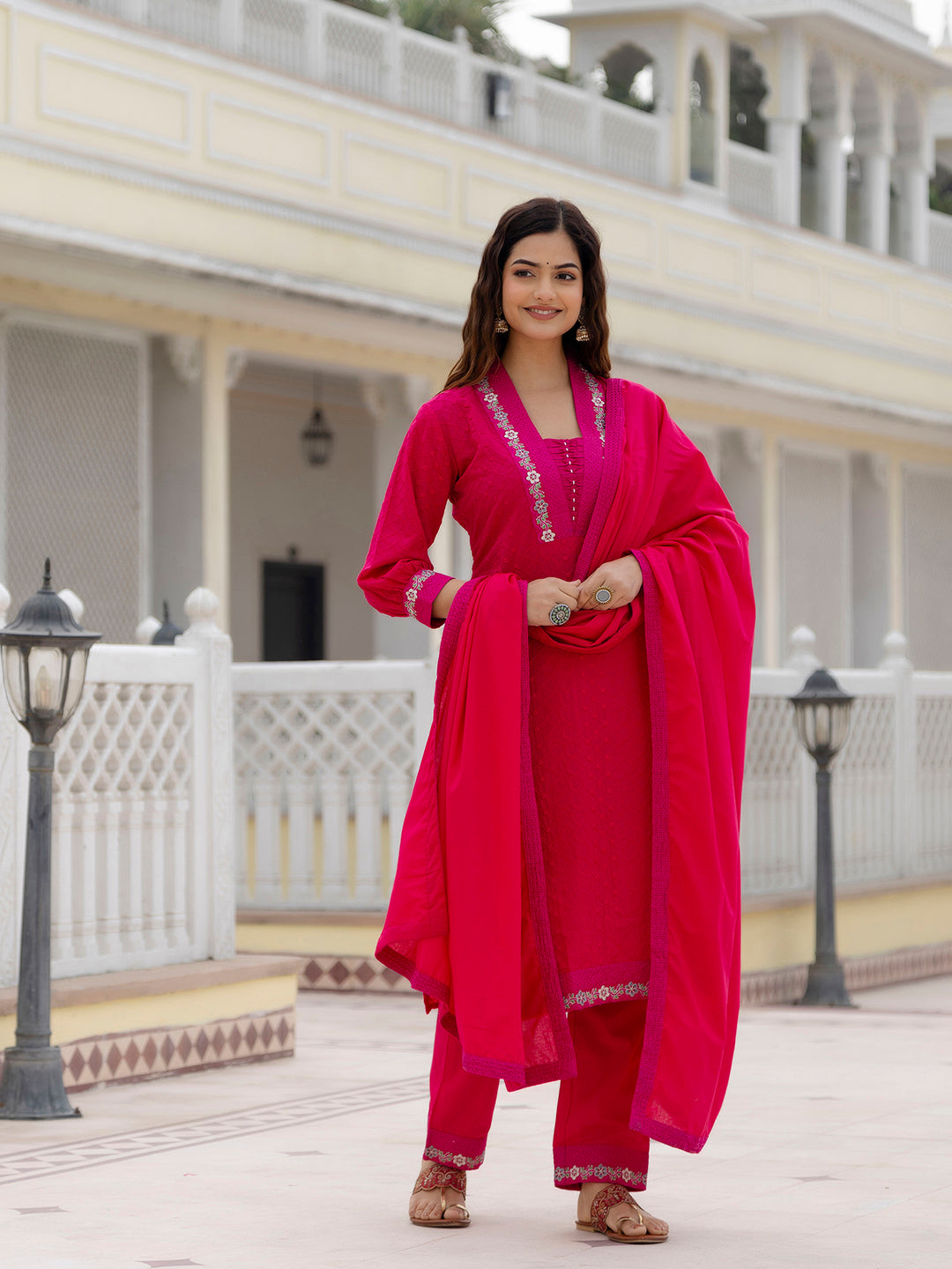 Kalini Floral Embroidered Regular Pure Cotton Thread Work Kurta With Trousers & Dupatta - Distacart