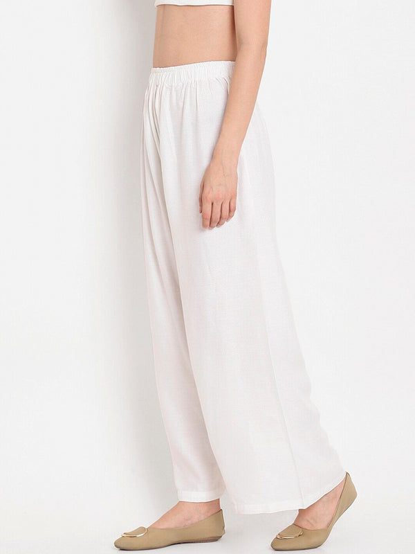 TAG 7 Women White Solid Flared Palazzos