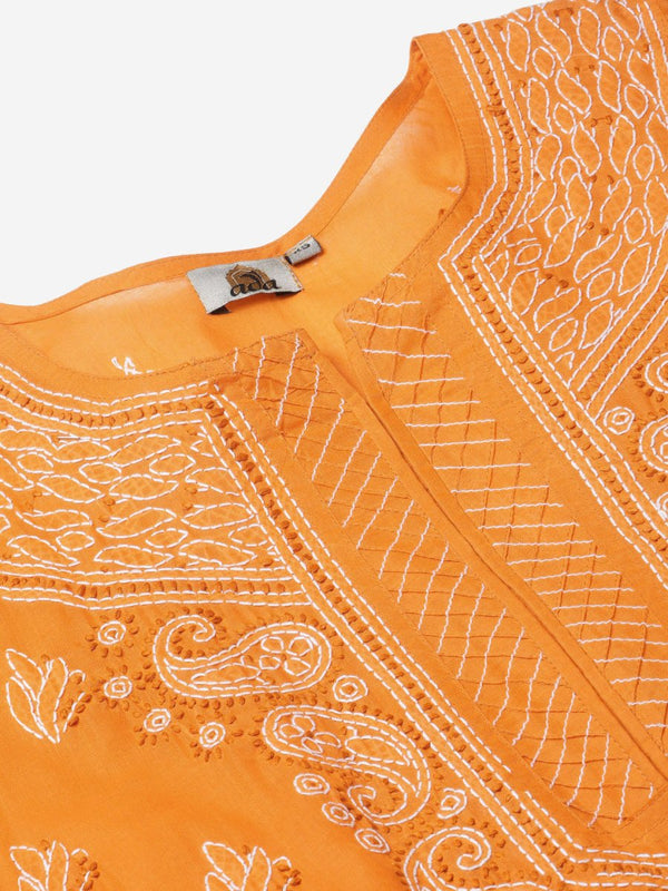 ADA Women Mustard Yellow & White Chikankari Embroidered Cotton Sustainable Handloom Kurta with Palazzos - Distacart