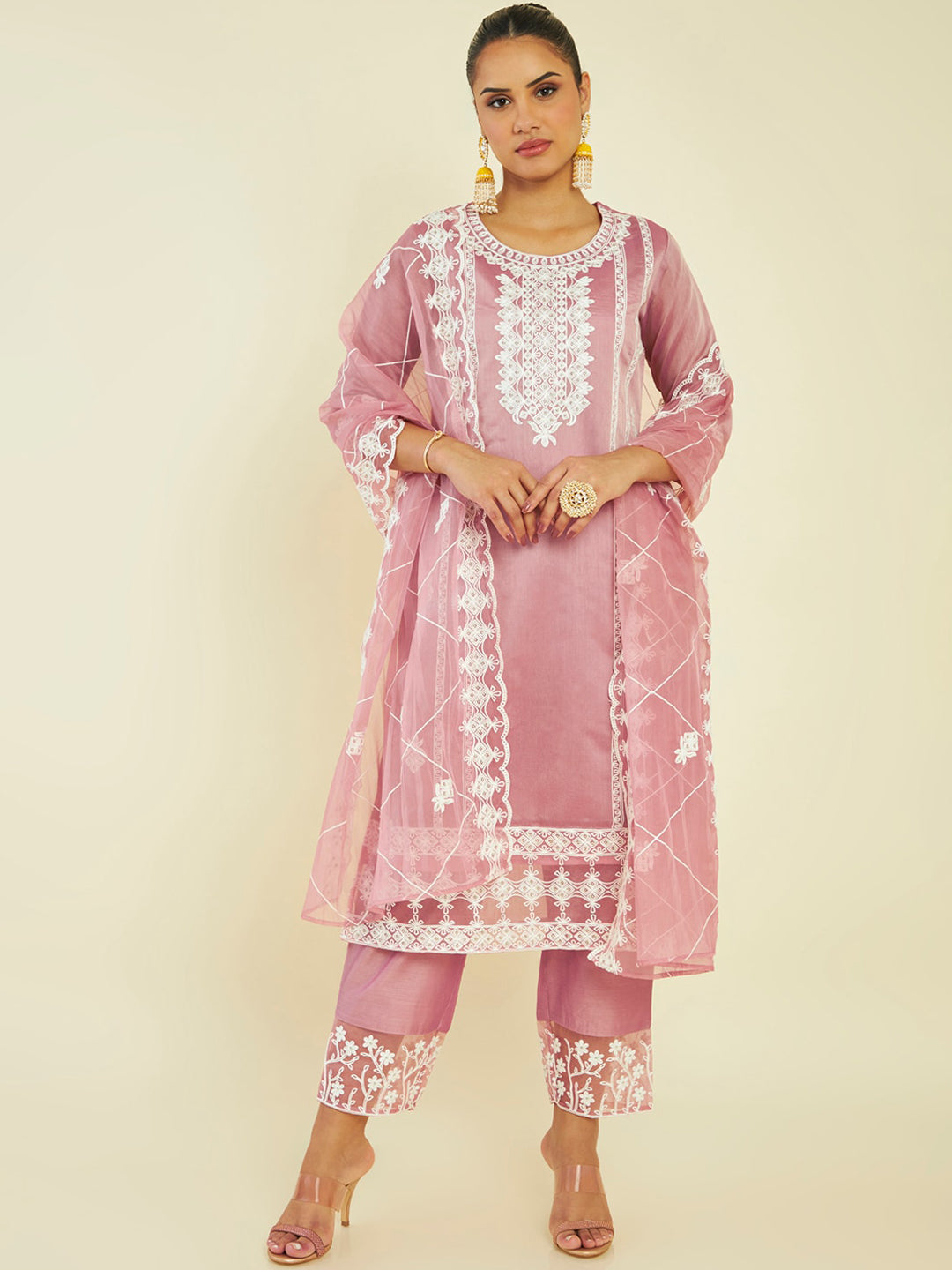 Soch Ethnic Motifs Embroidered Panelled Chanderi Silk Kurta with Palazzos & Dupatta - Distacart