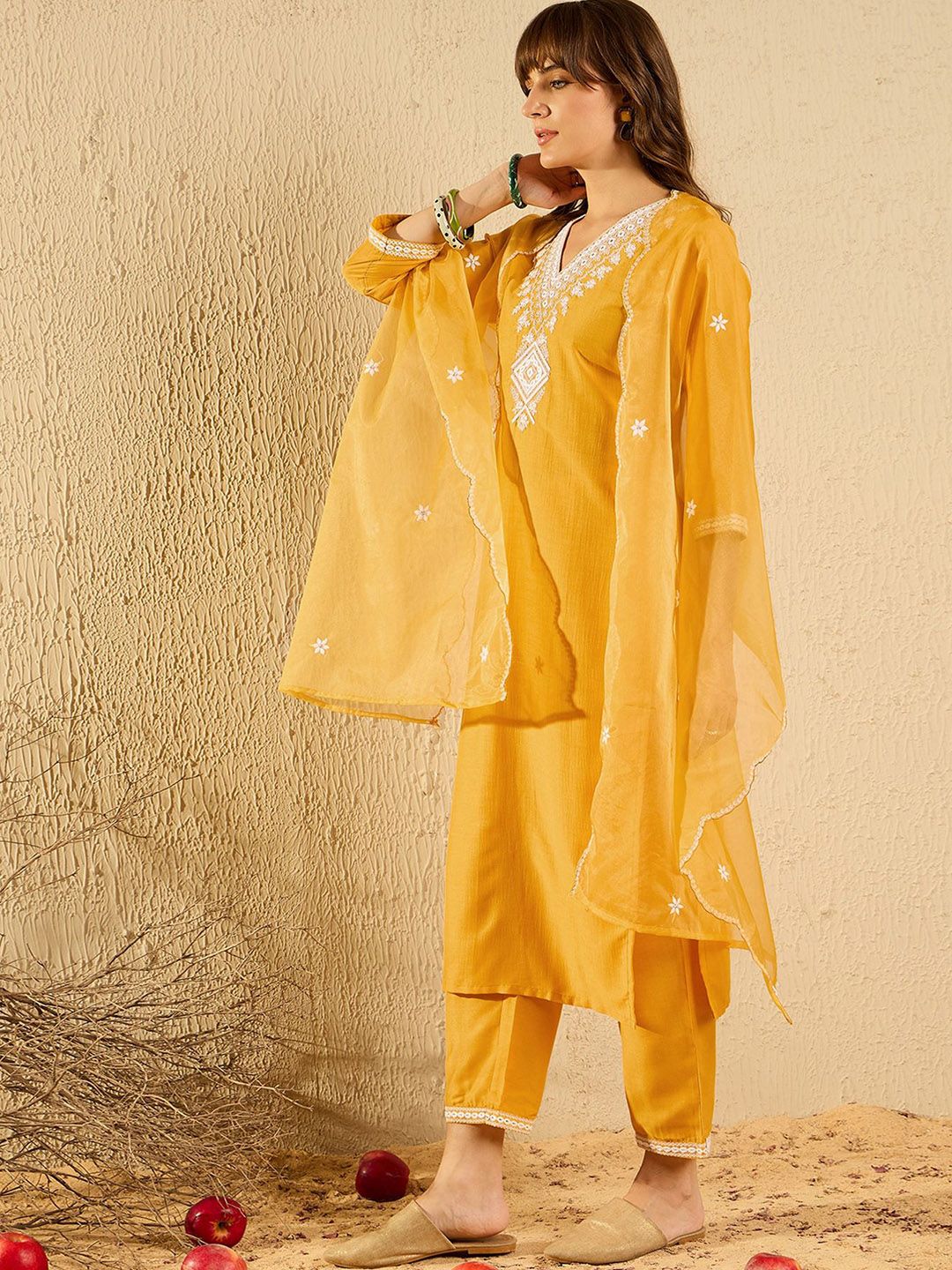 Indo Era Floral Yoke Design V-Neck Straight Kurta With Trousers & Dupatta