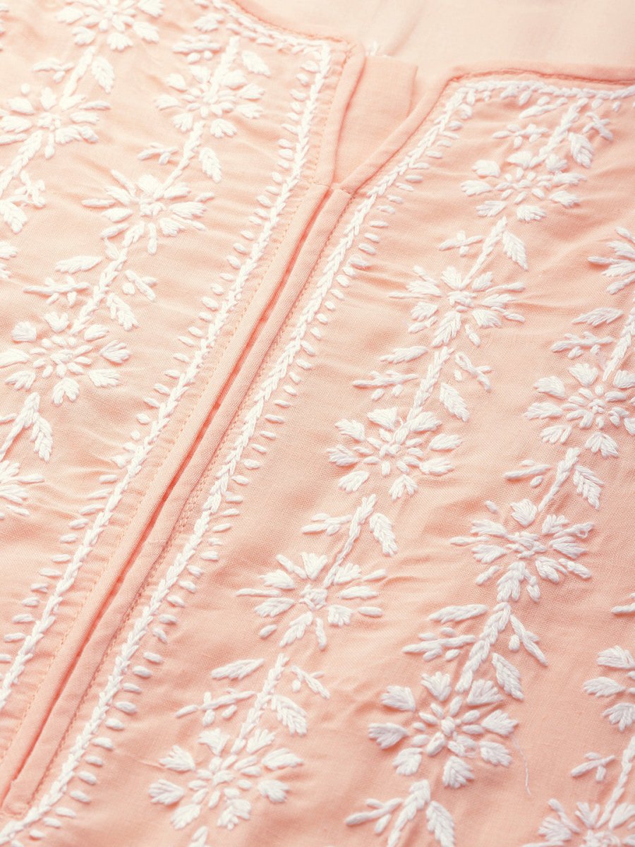 ADA Women Peach-Coloured & White Chikankari Embroidered Cotton Straight Sustainable Kurta - Distacart