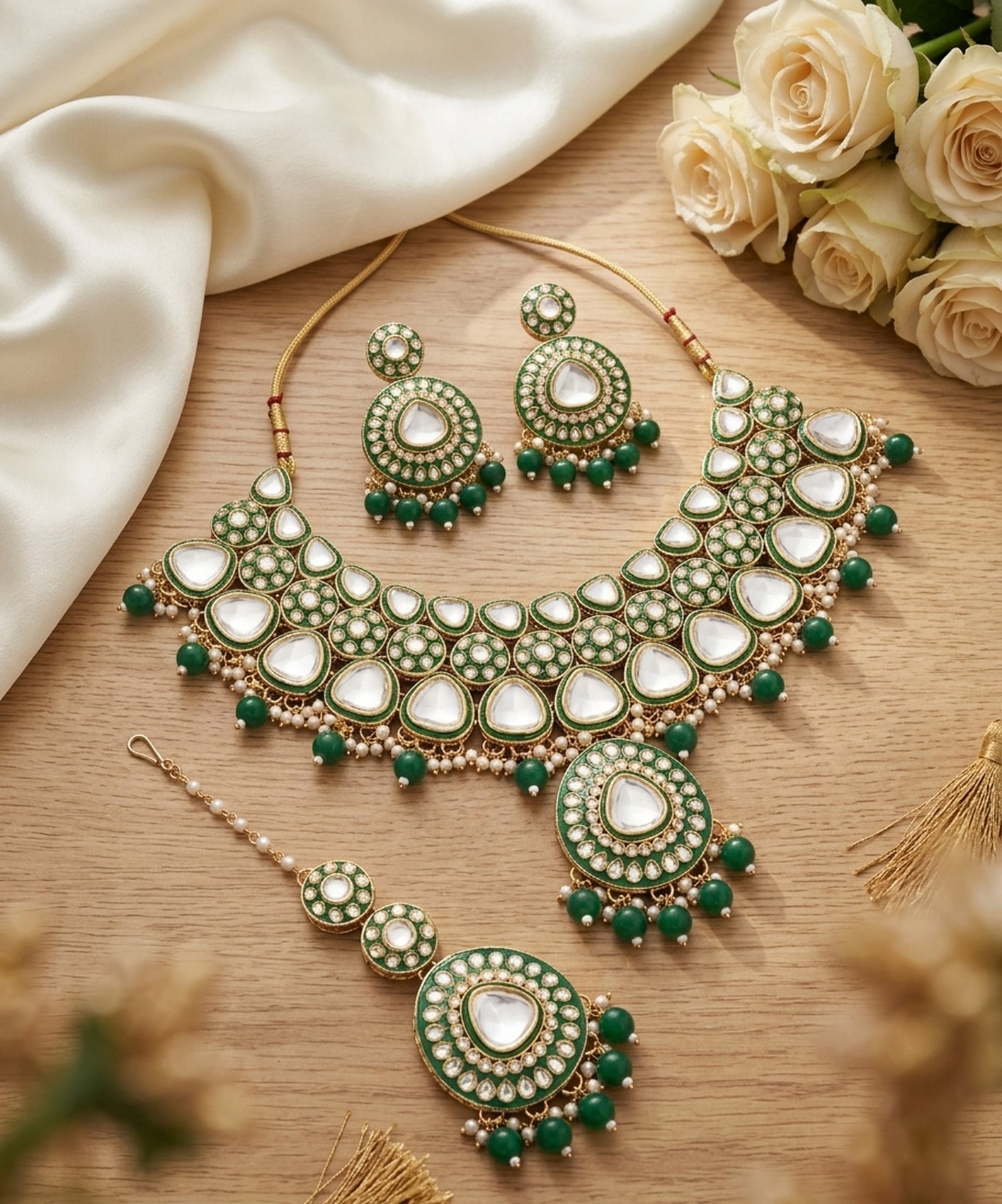 Jewel City Handcrafted Kundan Choker Necklace Set | Gold Plated | Emerald Green | Wedding & Festival Jewelry - Distacart