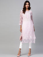 Thumbnail for ADA Women Pink & White Chikankari Embroidered Handloom Kurta with Trousers - Distacart