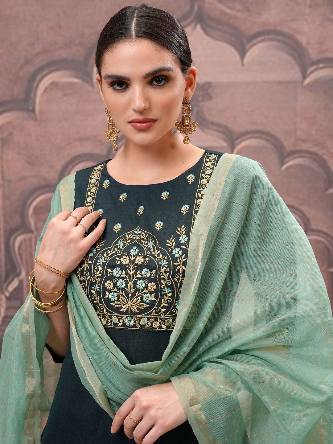 Vishudh Green Embroidered Straight Kurta with Trouser & Dupatta - Distacart