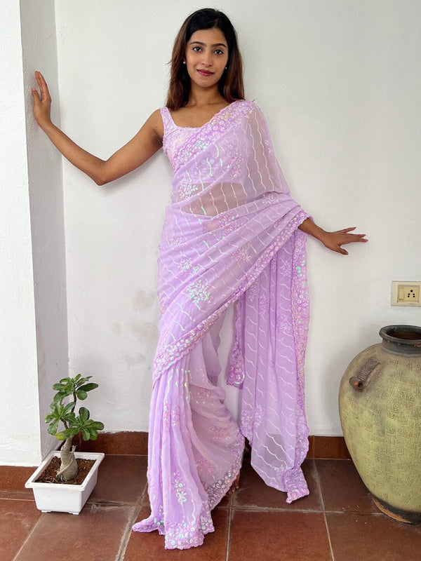 Anouk Lavendar Embellished Sequinned Pure Georgette Saree - Distacart