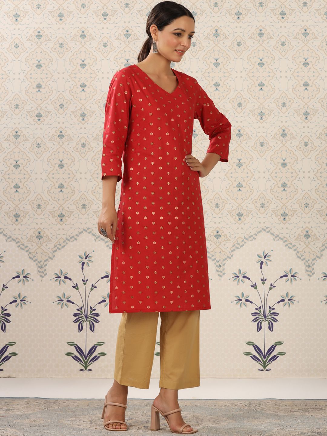 Ode by House of Pataudi Red & Beige Printed V Neck Pure Cotton Kurta With Palazzos - Distacart
