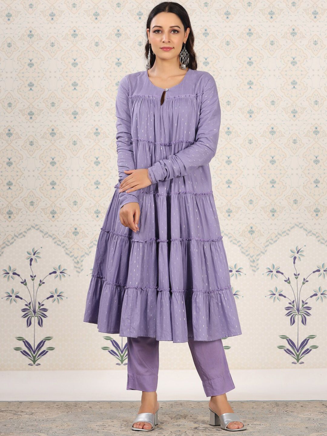 Ode by House of Pataudi Keyhole Neck A-Line Tiered Woven Design Pure Cotton Kurta Set - Distacart