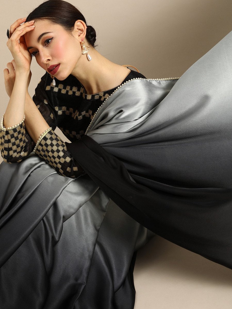 Anouk Black & Grey Satin Colourblocked Saree - Distacart